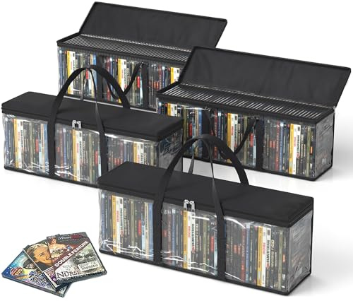 Sacchetti per DVD, scatole per DVD con manici per il trasporto, borse organizer per DVD, CD, dischi Blu Ray, custodie per film, scatole VHS, dischi per videogiochi, album, libri (nero, 4 pezzi)