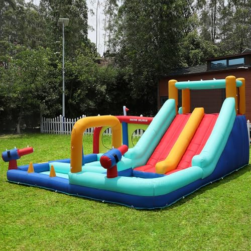 Kelodan Castillo hinchable infantil con soplador, parque acuático multifuncional al aire libre, candado, tobogán acuático doble, pared de escalada, pistola de agua, fuente, poste de boxeo, incluye