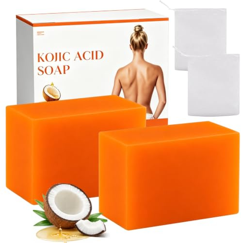 Kojisyratvål, 2 stycken kojic acid tvål, gurkmeja tvål, vitamin C tvålstycke, avlägsnar mörka fläckar, mild tvål för akne, pormaskar, djuprengöring för ansikte och kropp med ett skumnät