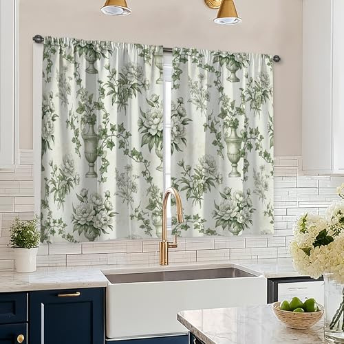 Cortinas de cocina con diseño de peonía, diseño vintage tradicional de hiedra, color verde primavera, para ventanas pequeñas, decoración de ventana para comedor, desayuno, rincón, fregadero, área de