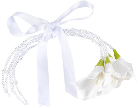 MAYJOYDIY - Ramo de lirio de calla con cinta de 47 a 48 cm, ramo artificial con perlas de flor de boda artificial para fotos de fiesta de bodas, decoración para fiestas, color blanco