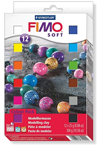 FIMO soft ofenhärtende Modelliermasse. Kartonetui mit 12 sortierten Basic-Farben, 12 Halbblöcke à 25 g