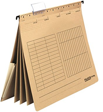 Original Falken 5er Pack Mehrfach-Hängehefter UniReg. Made in Germany. Aus Recycling-Karton braun, DIN A4, kaufmännische Heftung, 3 Trennblätter, 4 Heftungen, Innentasche am Rücken