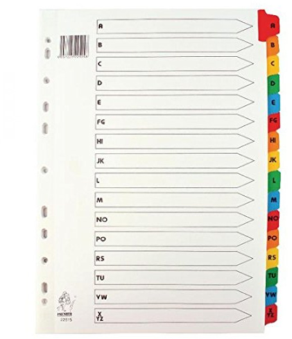 A4 A-Z INDEX DIVIDER MULTI COLOURED TABS ALPHABETICAL MYLAR WHITE BOARD