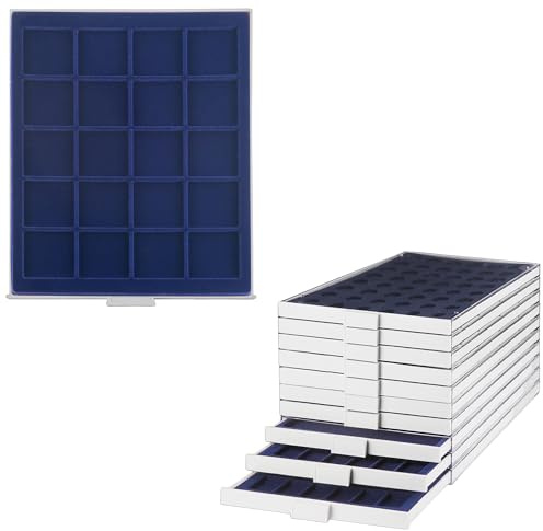 Prophila Collection Münzbox grau 20 eckige Fächer für Münzen oder Medaillen bis 47 mm, Blaue Einlage