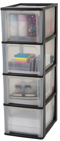 Iris Ohyama, Torre de Almacenamiento de Plástico, 4 Cajones Grandes, Negro, Fácil Apertura, Formato A4, A5 y A6, Mueble Organizador, para Oficina, Material Escolar, Papelería, Sin BPA, OCH-2400 | Sistema Easy Pull, formato A4, A5 y A6, organizador de escritorio para oficina, artículos de papelería, libre de BPA
