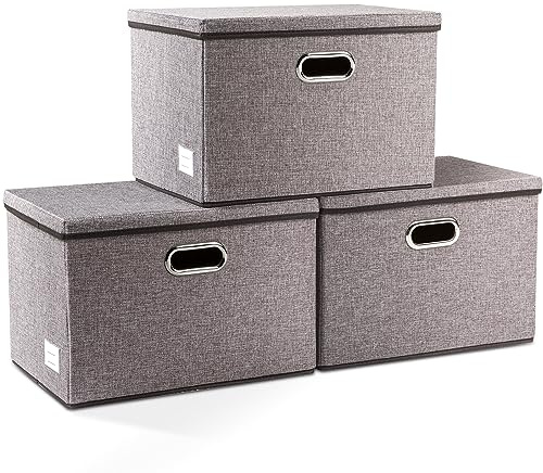 PRANDOM Large Collapsible Storage Bins with Lids [3-Pack] Linen/Cotton Blend Foldable Storage Boxes Organizer Containers Baskets Cube with Cover for Home Bedroom Closet Office Nursery(17.7x11.8x11.8)