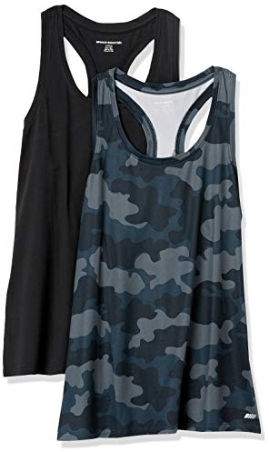 Amazon Essentials Débardeur à Encolure Dégagée et Dos Nageur, Tissu Technique Extensible à Séchage Rapide Femme, Lot de 2, Gris Camouflage/Noir, XS