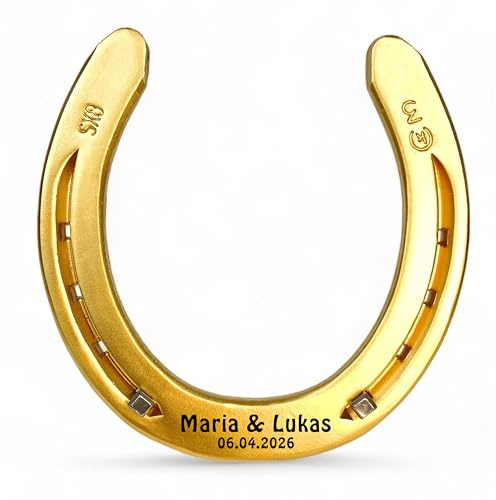 Hufeisen mit Wunschgravur aus schwerem Eisen, original Pferdehufeisen graviert, goldfarben lackiert, personalisiert Glückshufeisen für Hochzeit oder Einzug Geschenk