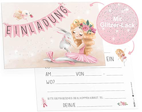 Olgs Ballerina Geburtstagseinladungen mit Glitzer, 12er Set Einladungskarten in Rosa zum Ausfüllen, inkl. Umschläge, für Mädchen