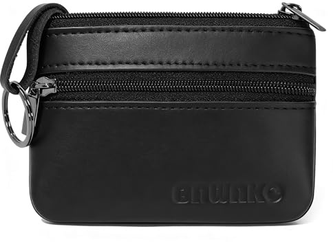 BAWAKO Münzbörse aus echtem Leder, Klein Münzen Geldbörse für Herren und Damen, mit Zwei Fächern, Reißverschluss, Schlüsselanhänger，Mini Coin Purse Wallet, Portemonnaie, S (Schwarz)