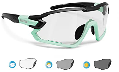 BERTONI Fahrradbrille Sport Sonnenbrille Radbrille MTB mit Sehstärke für Brillenträger mod. QUASAR (Schwartz-Aquamarin/Selbsttönende)