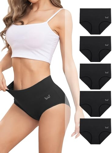 Benirap Underwear Women High Waisted Knickers for Women Cotton Womens Knickers Ladies Panties Briefs Full Back Coverage Comfy Multipack of 5 -D03 Black L