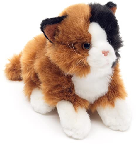Uni-Toys – katt trefärgad, liggande – 20 cm (längd) – plyschkattunge, lyckokatt – plyschdjur, gosedjur