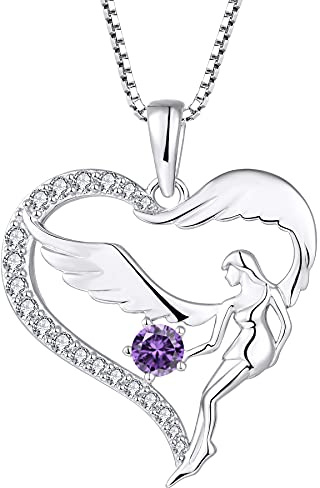FJ Herz Schutzengel Halskette Damen 925 Sterling Silber Engelsflügel Kette Anhänger Geburtsstein Zirkonia Halskette Schmuck Geschenke für Frauen Mädchen