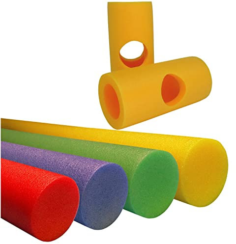 Conipa® - 4 Stück Schwimmnudel (160 x 7 cm) Kinder & Erwachsene INKL. 4 x Loch-VERBINDER (Schaumstoff) - Poolnudel Set ab 3-10 Jahre (Made IN Europe) - Pool Wassernudel (Rot + Blau + Grün + Gelb)
