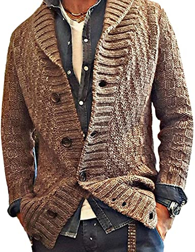 Cardigan en Tricot pour Homme avec Boutons,Gilet à Col en V Automne Hiver avec Fermeture à Bouton Manches Longues Pull en Grosse Maille Chandail Veste en Maille de Transition à Revers