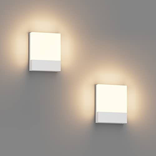 Klighten 2 Piezas 24W LED Lámpara de pared Exterior/Interior, IP65 Blanco Aplique de Pared, Luz de Pared Aluminio Moderno para Jardines Pasillo Terraza, 1500Lumen, Blanco Cálido 2700K-3000K