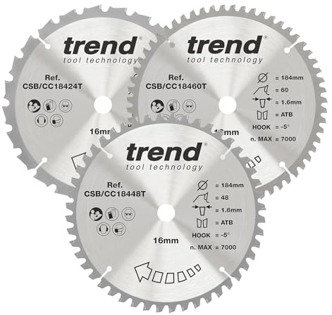Trend Wood Cordless Mitre Saw Blades, 184mm, 16mm Bore, 24/48/60T | Triple Pack TCT Blades Deliver Medium, Fine And Extra-Fine Cuts In Wood, With -5° Hook And 1.6mm Kerf, CSB/CC184/3PK