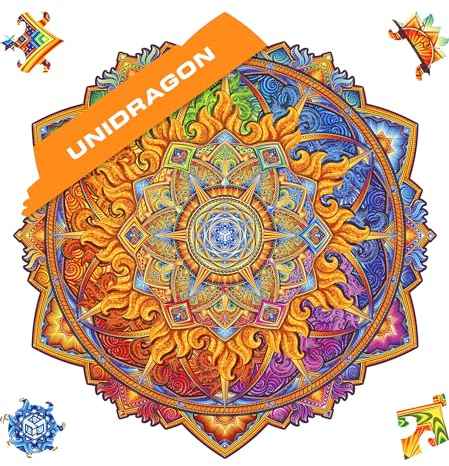 UNIDRAGON Original Holzpuzzle — Mandala Nascent Sun, 350 Teile, King Größe 13 x 13 Zoll (33 x 33 cm) Schöne Geschenkverpackung, Einzigartige Form Erwachsene und