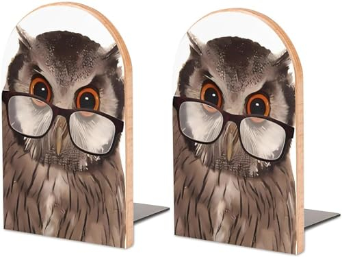 Wise Buchstützen mit Alter Eule und Brille, robuste Buchstützen aus Holz für Regale, dekorative, rutschfeste, stabile Buchhalter für die Dekoration zu Hause, im Büro, in der Schule, in der Bibliothek