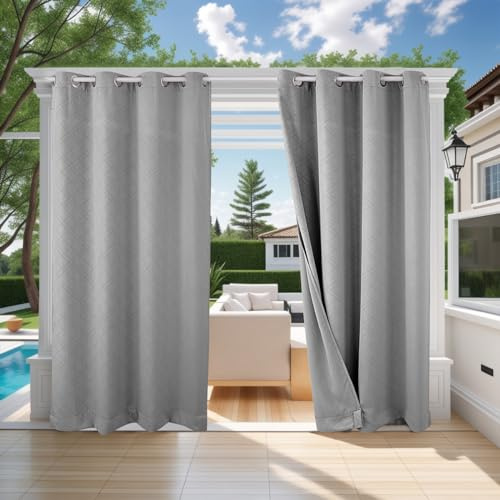 ele ELEOPTION Cortinas de Exterior, Resistentes al Agua, Protección UV, Cortina Exterior con Ojales, Cortina Opaca para Jardín, Patio, Balcón, Gris Claro 3D Textured, 1 Trozo / 132 X 213cm
