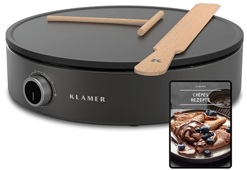 KLAMER Crepes Maker, Große Backfläche mit 33cm Ø, antihaftbeschichtete Platte, inkl. Teigverteiler und Wender aus Holz, Crepes Eisen für Crepes, Pancakes & Tortilla, 1500W