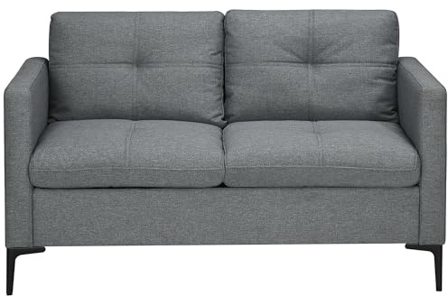 HOMCOM 2 Seater Sofa for Living Room, 133cm Loveseat Sofa, Modern Fabric Couch with Steel Legs for Bedroom, Dark Grey