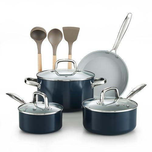 Cook N Home Pots and Pans Set Non Stick, 10-Piece Hard Anodized Nonstick Ceramic Cookware Set, Induction Cookware Cooking Set with Stay-Cool Handles, Nylon Kitchen Utensils, Blue