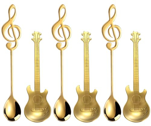 6 Stück Kaffeelöffel, Goldener Edelstahllöffel, Musik Geschenk Teelöffel, Musik Haushaltsstahllöffel, Espressolöffel, Espresso Löffel Klein Geeignet Für Kaffee, Zucker, EIS, Suppe, Gitarrenlöffels