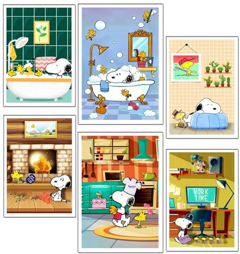 DKORARTE Set mit 6 Holzbildern, Dekoration für modernes Wohnzimmer, Schlafzimmer, Zimmer, Snoopy mit Metallaufhängern (2 x 38 x 29 cm, 4 x 29 x 20 cm)