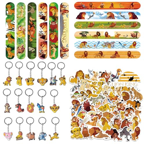 Yhjxly Löwen Party Mitgebsel Set,Dschungel Safari Party Zubehör,78 Stück König der Löwen Party Geschenk,16 Schlüsselanhänger,12 Schnapparmbänder,50 Aufkleber für Jungen Mädchen Gastgeschenke
