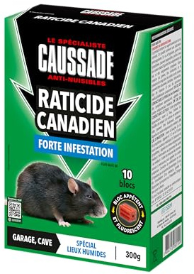 Caussade Raticide Canadien - 10 Blocs Fluorescents - 300g | Anti-Rats - Efficacité Radicale - Lieux Très Humides - Prêt à l'Emploi - Une Ingestion Suffit - CARBLBF300