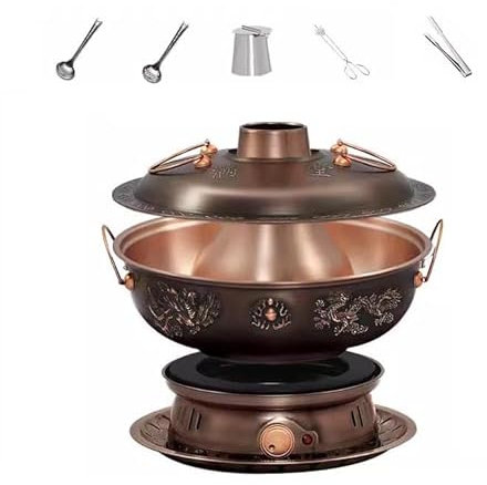 Fondue Chinese Copper Hot Pot, Chinese Copper Hot Pot, Electric Carbon Double Heating Base, Temperature Adjustable Mongolian Hot Pot with Tableware Set(30cm)