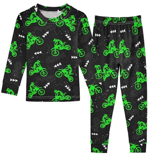 Vozoza Green Motocross Pajama Sets Long Sleeve Top with Pants Cotton Soft Sleepwear 2 Piece Pjs Set, 6 Years Old