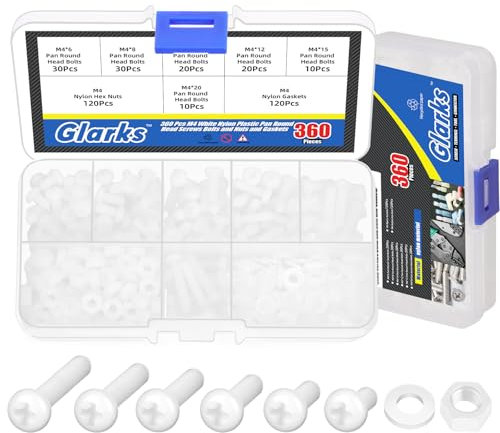 Glarks 360 PCS M4 x 6/8 / 10/12 / 15 / 20mm nylon crosshead vis écrou rondelle Kit, blanc nylon crosshead vis machine pour diverses applications de fixation industrielle