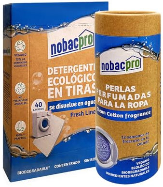 NobacPro - PACK Detergente en Tiras para Lavadora + Perlas Perfumadas para Ropa | 40 Lavados Tiras Fresh linen y 30 Lavados Perlas Clean cotton| Ecológico | Hipoalergénico | Vgano | sin plásticos