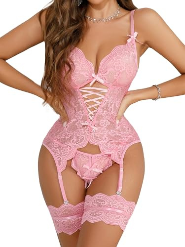 EVELIFE Set di lingerie sexy da donna in pizzo con polsini alla coscia, biancheria intima, babydoll con giarrettiera alla coscia senza calze