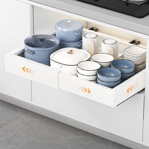 HONZUEN Ausziehbare Schublade Küche 1 Stück, Teleskopschublade 41,5-55cm Tief & 29-48cm Breit, Ausziehbarer Schrank Organizer, Kein Bohren Schubladen Organizer, Küchenorganizer für Unterschrank, Weiß