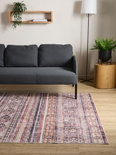 Interiyou Vintage Teppich Wohnzimmer Gent - 160x230 cm Multicolor/Pink - Für Schlafzimmer, Esszimmer, Kinderzimmer - Kurzflor waschbar und rutschfest, Print Muster
