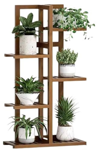 Estante de bambú para múltiples plantas, soporte alto para flores, estante de exhibición para sala de estar, dormitorio, patio, balcón, color nogal (5 niveles)