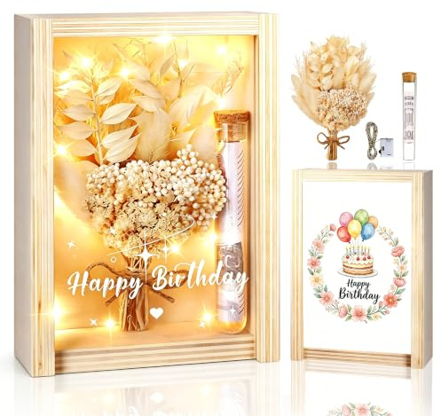 Geldgeschenke Geburtstag, Geldgeschenke Verpackung aus Holz mit LED | Geschenkverpackung Geburtstag Geschenkbox mit Trockenblumen, Geburtstagsgeschenk für Frauen Männer Mädchen Jungen