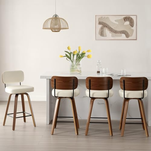Bekrvio Lot de 4 tabourets de Bar pivotants à 360° avec Dossier, 65 cm de Hauteur d'assise - en Cuir synthétique et Bois Massif - 4 Pieds - pour Cuisine et comptoir - Chaise de Bar pivotante avec