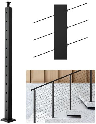 VEVOR Cable Railing Post, 42x2x2 Inch Stair Railing Post, with Pre-Drilled 30° Angled Holes, Stainless Steel Cable Rail Post with Horizontal and Curved Bracket, 1-Pack, Black, 1JZLGZXHS106W3XAA001V0
