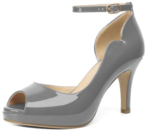 AUMOTED Women's Evening High Heels Peep-Toe Patent Leather Pumps 3.4 Stiletto 2cm Platform for Cocktail Party Events Patent Grey US Size 8.5