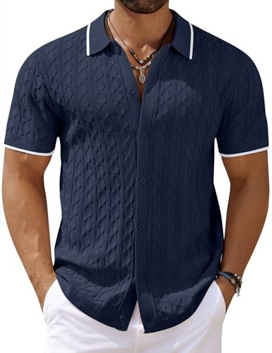 COOFANDY Mens Button Up Short Sleeve Shirts Beach Wedding Dress Shirts | Button Up Short Sleeve,Contrast Collar and Cuff, Retro, Breathable, Regular Fit, Crochet Knit, Spring Summer Shirts