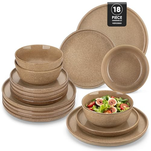vancasso ANYA Crockery Set, 18 Piece Dinner Sets for 6 People, Include Ceramic Dinner Plates, Dessert Plates, and Cereal Bowls, Dishwasher and Microwave Safe, Caramel