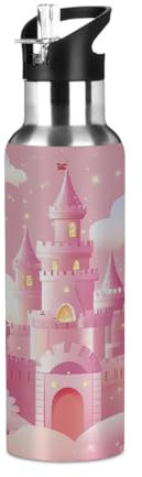 Mexpekil Bouteille d'eau isotherme en acier inoxydable avec paille étanche pour enfants et adultes - Motif château de dessin animé rose - 600 ml
