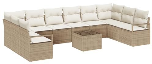 vidaXL Trädgårdsoffset med kudde 11 pcs Beige och gräddfärgad, Trädgård och terrass, modern rattansoffa, modulär utemöbel, hållbart lounge-set för bekväm uteplats