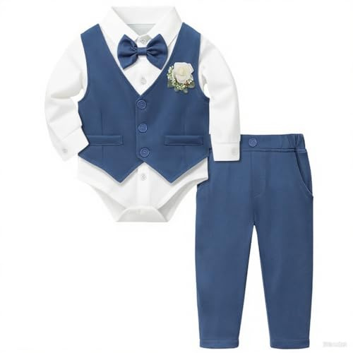 Yoolhamy Trajes para Bebé Niños de Boda, Baby Boys Caballero Conjunto Recién Nacido Boda Pelele + Pantalones + Chaleco + Pajarita + Corsage (FR/ES, Edad, 0 Meses, 3 Meses, 1, Azul)
